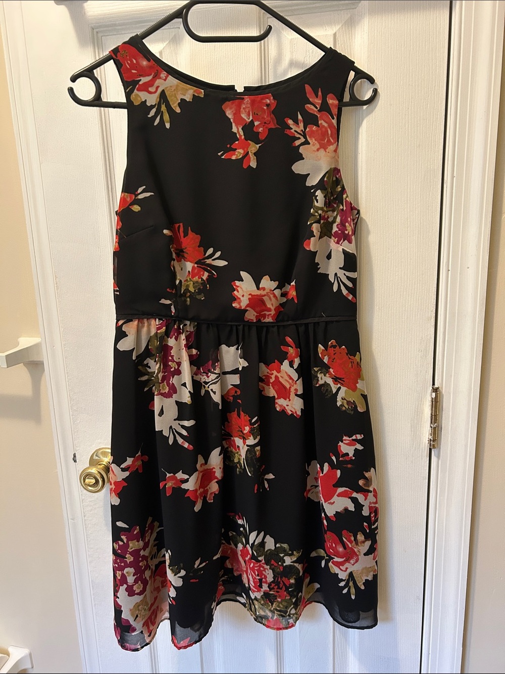 LOFT Black Floral Sleeveless Party Dress with Red and Cream Blooms